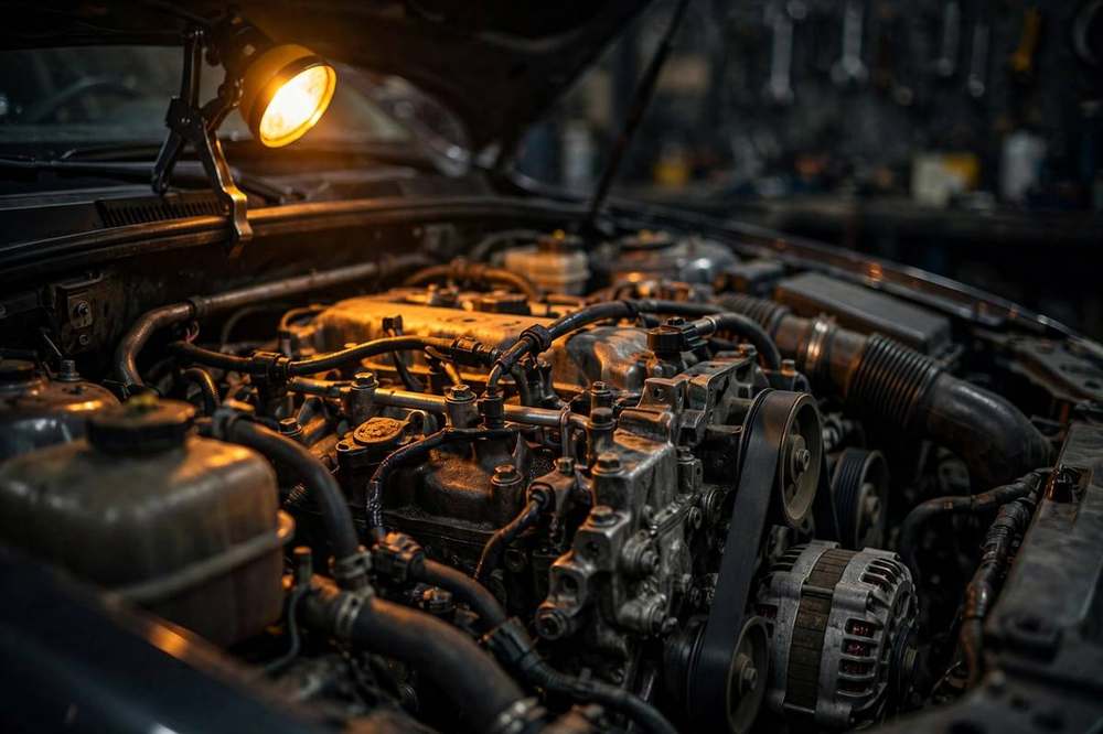 Car engine in a repair workshop