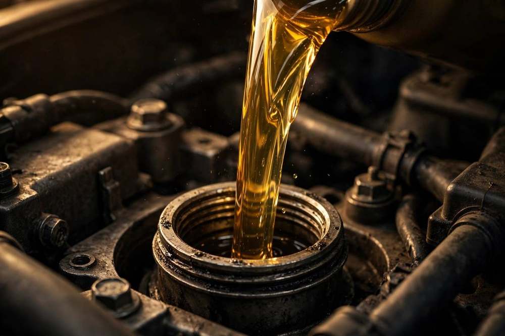Motor oil being poured into an engine