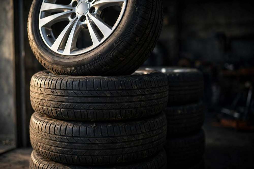 Car tires stacked in a shop